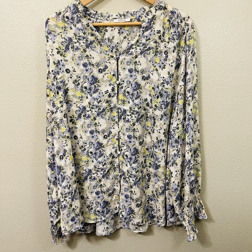 Maurices Floral Top Blouse Smocked Cuffs Button Up Ruffle Collar Flowy Office 2X